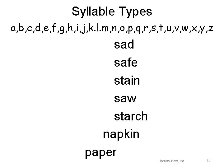 Syllable Types a, b, c, d, e, f, g, h, i, j, k. l.