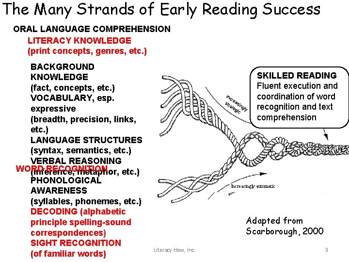 The Many Strands of Early Reading Success ORAL LANGUAGE COMPREHENSION LITERACY KNOWLEDGE (print concepts,