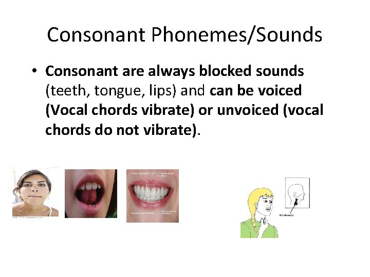 Consonant Phonemes/Sounds • Consonant are always blocked sounds (teeth, tongue, lips) and can be