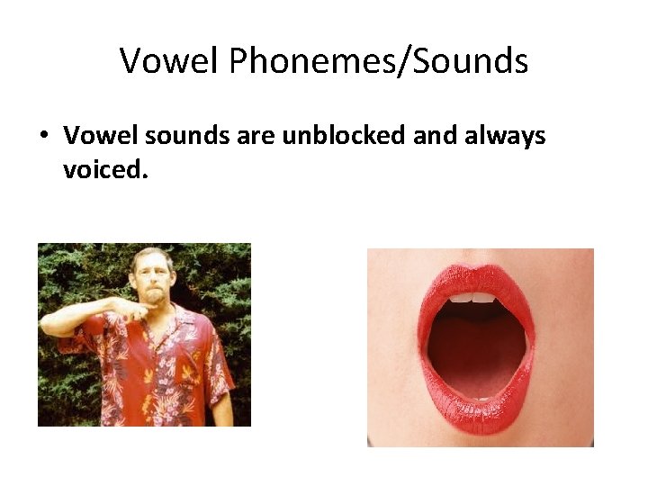 Vowel Phonemes/Sounds • Vowel sounds are unblocked and always voiced. 