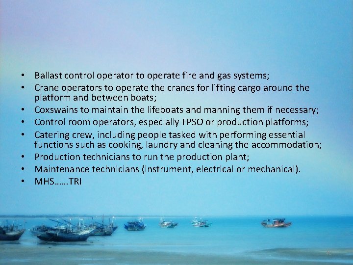  • Ballast control operator to operate fire and gas systems; • Crane operators