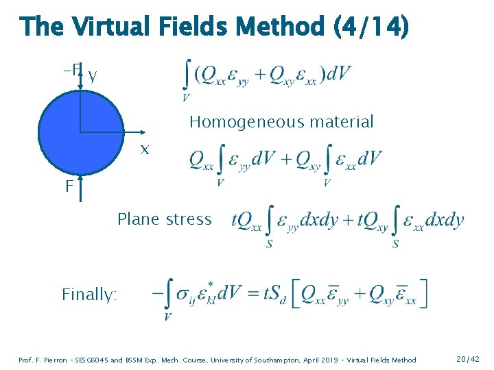 The Virtual Fields Method (4/14) -F y Homogeneous material x F Plane stress Finally: