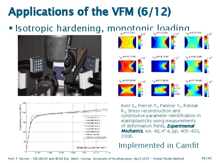 Applications of the VFM (6/12) § Isotropic hardening, monotonic loading Avril S. , Pierron