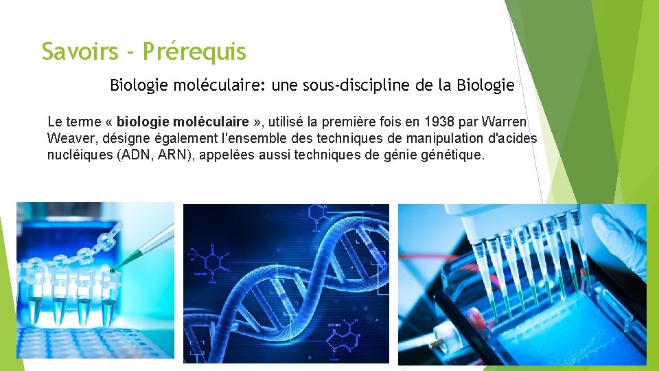 Savoirs - Prérequis Biologie moléculaire: une sous-discipline de la Biologie Le terme « biologie
