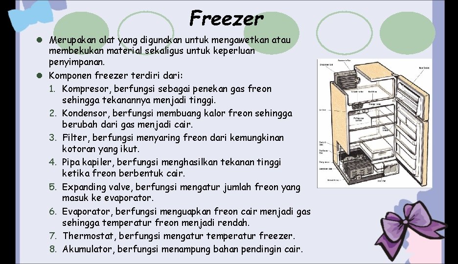 Freezer l Merupakan alat yang digunakan untuk mengawetkan atau membekukan material sekaligus untuk keperluan Freezer l Merupakan alat yang digunakan untuk mengawetkan atau membekukan material sekaligus untuk keperluan