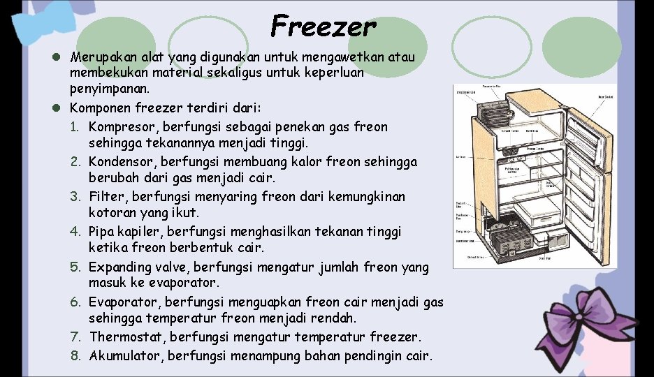 Freezer l Merupakan alat yang digunakan untuk mengawetkan atau membekukan material sekaligus untuk keperluan