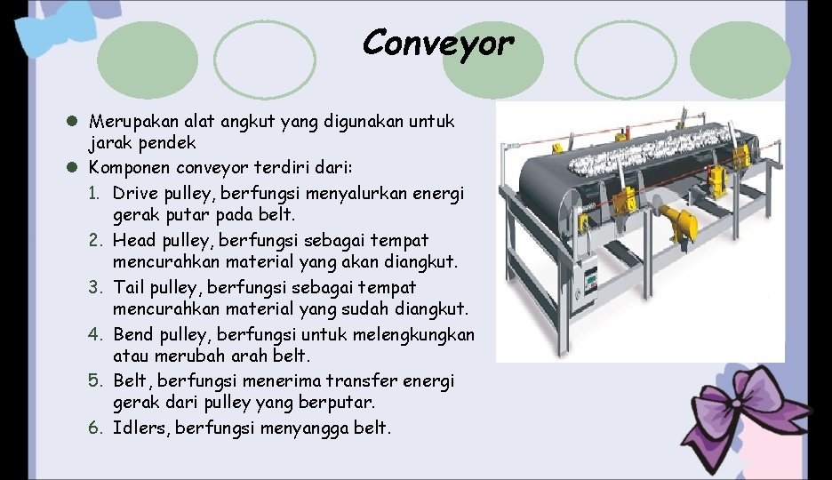 Conveyor l Merupakan alat angkut yang digunakan untuk jarak pendek l Komponen conveyor terdiri