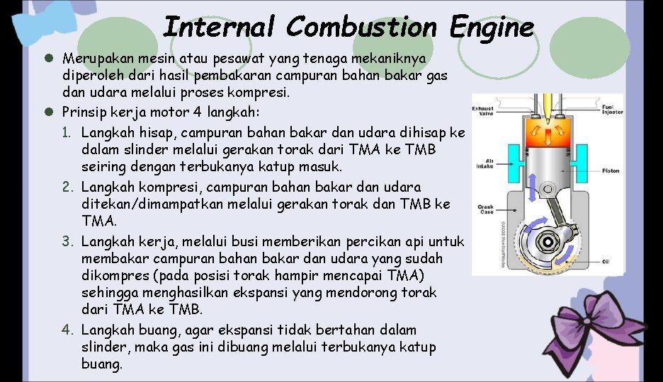 Internal Combustion Engine l Merupakan mesin atau pesawat yang tenaga mekaniknya diperoleh dari hasil