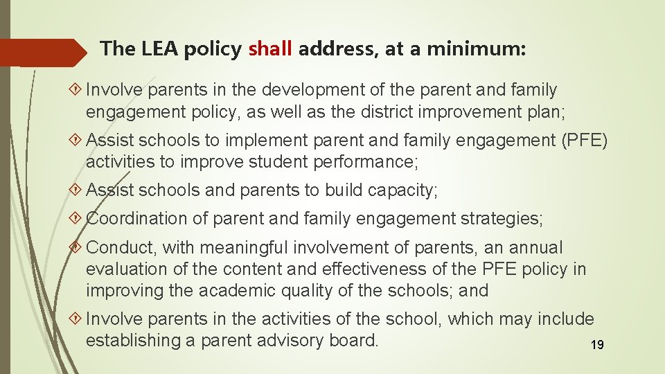 The LEA policy shall address, at a minimum: Involve parents in the development of