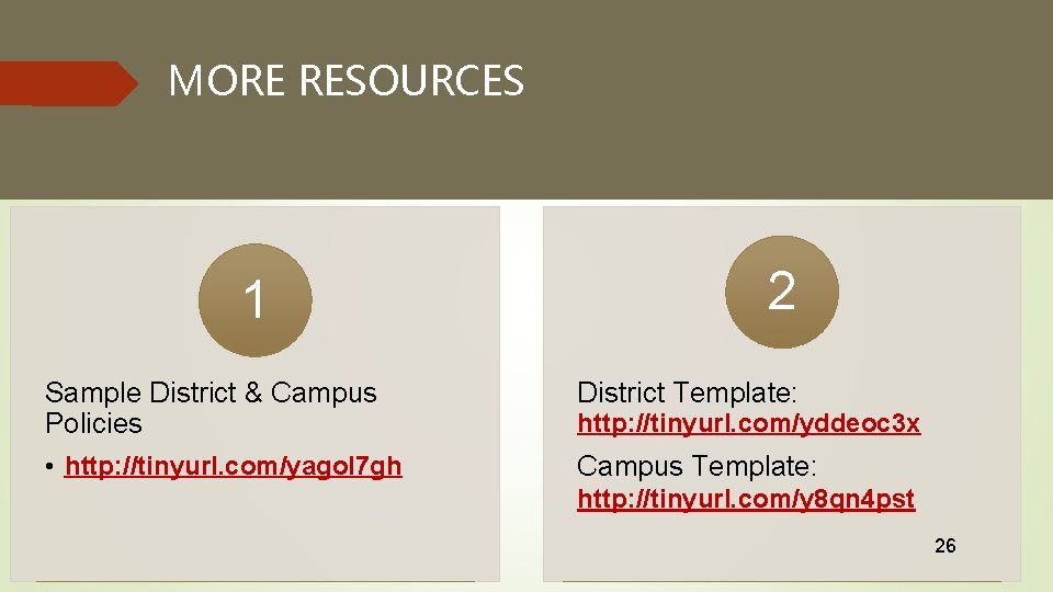 MORE RESOURCES 1 2 Sample District & Campus Policies District Template: • http: //tinyurl.