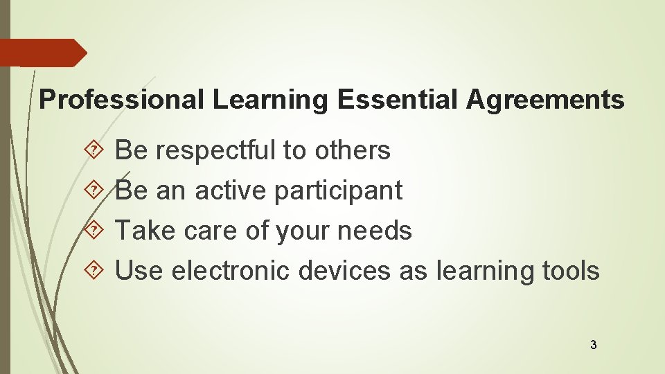 Professional Learning Essential Agreements Be respectful to others Be an active participant Take care