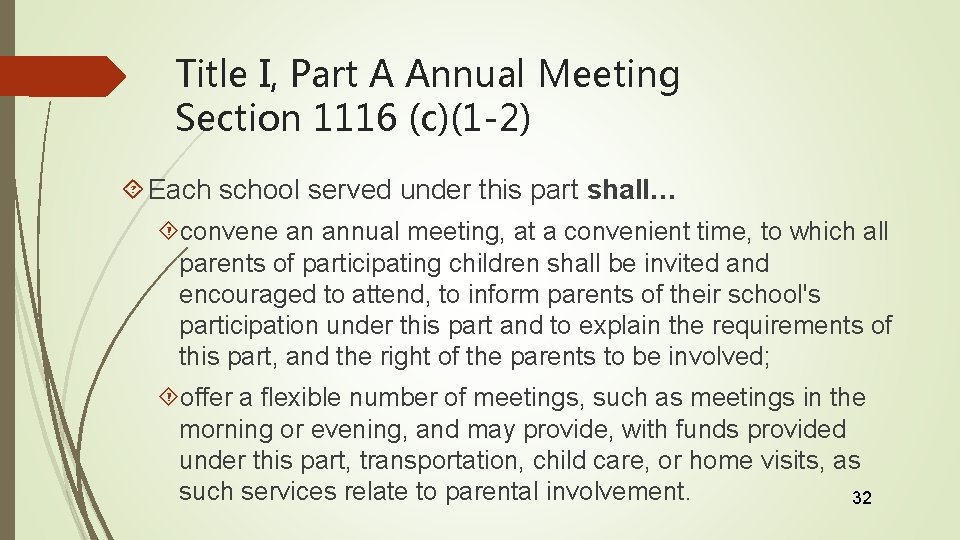 Title I, Part A Annual Meeting Section 1116 (c)(1 -2) Each school served under