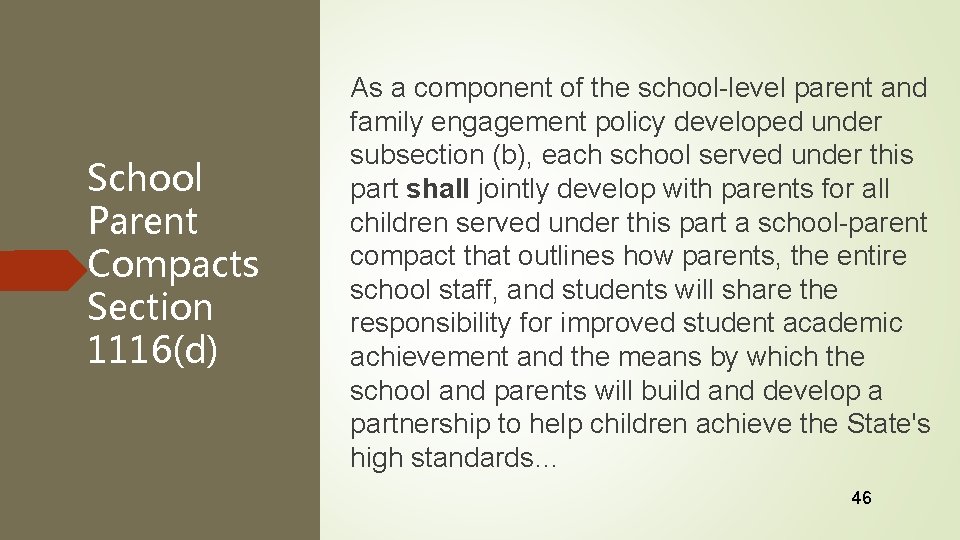 School Parent Compacts Section 1116(d) As a component of the school-level parent and family