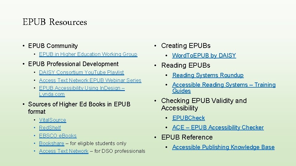EPUB Resources • EPUB Community • EPUB in Higher Education Working Group • EPUB