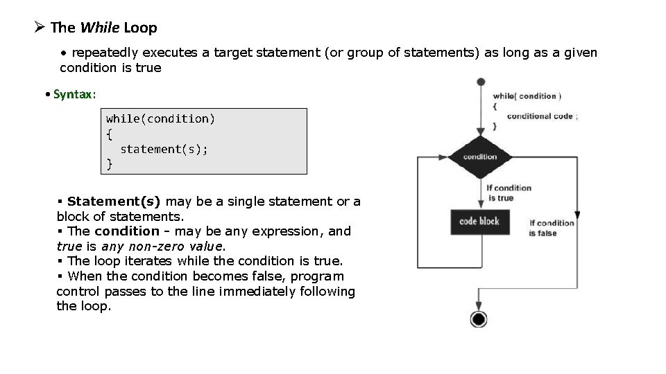 Ø The While Loop • repeatedly executes a target statement (or group of statements)