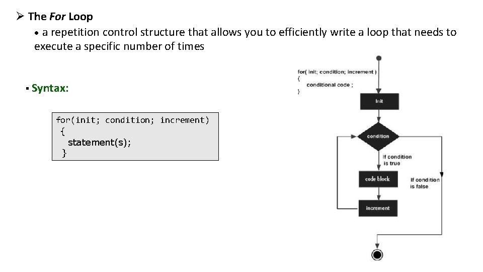 Ø The For Loop • a repetition control structure that allows you to efficiently