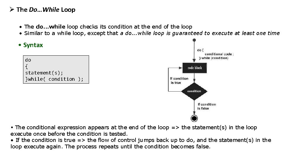 Ø The Do…While Loop • The do. . . while loop checks its condition