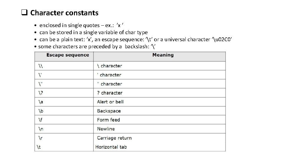 q Character constants • enclosed in single quotes – ex. : ‘x ‘ •