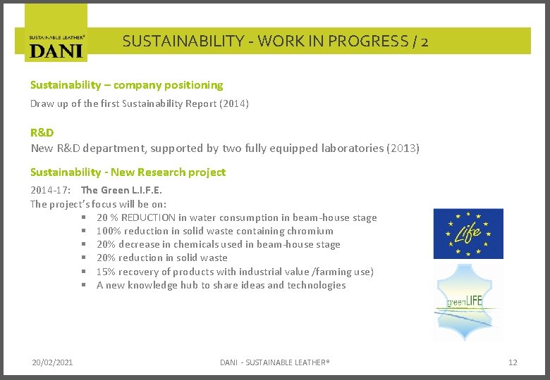 SUSTAINABILITY - WORK IN PROGRESS / 2 Sustainability – company positioning Draw up of