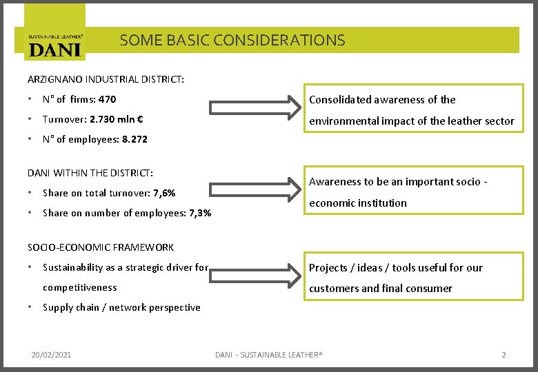 SOME BASIC CONSIDERATIONS ARZIGNANO INDUSTRIAL DISTRICT: • N° of firms: 470 Consolidated awareness of