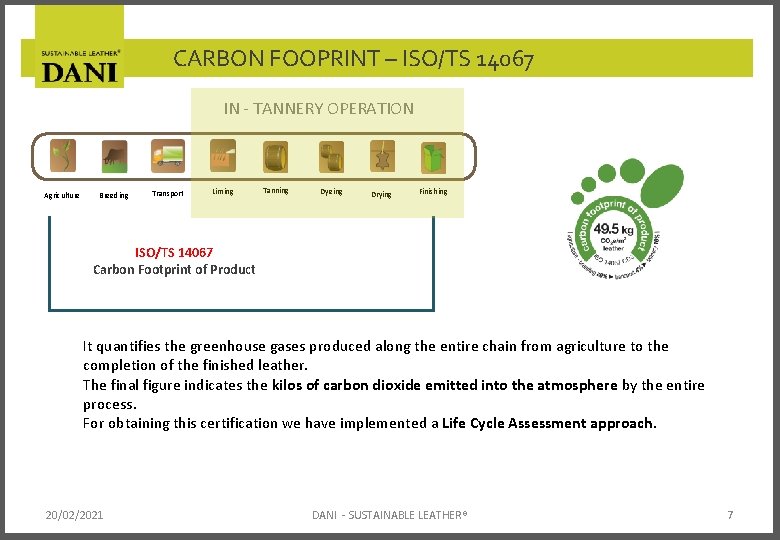 CARBON FOOPRINT – ISO/TS 14067 IN - TANNERY OPERATION Agriculture Breeding Transport Liming Tanning