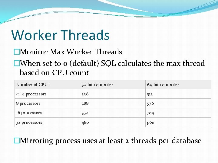 Worker Threads �Monitor Max Worker Threads �When set to 0 (default) SQL calculates the