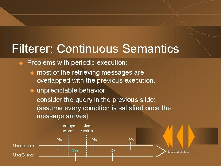 Filterer: Continuous Semantics u Problems with periodic execution: u most of the retrieving messages