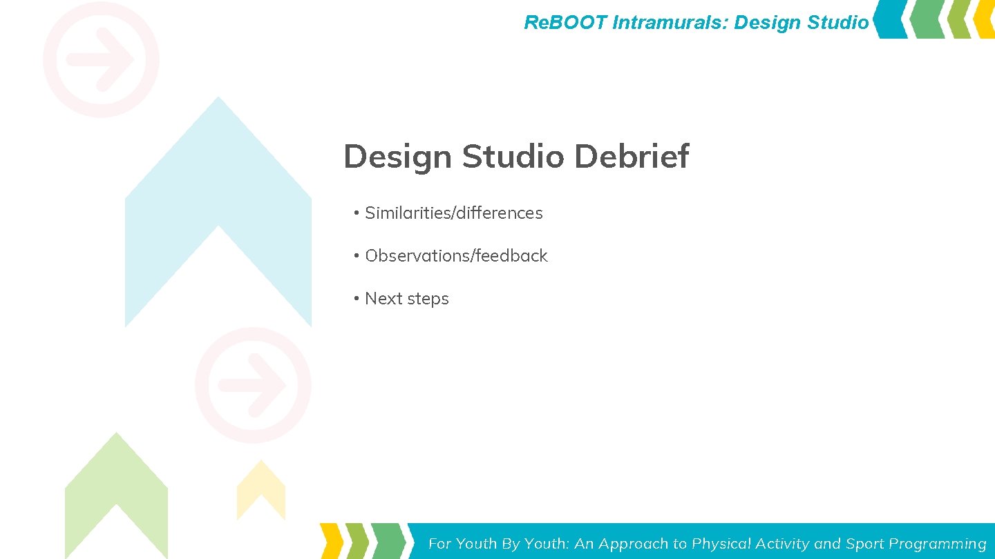 Re. BOOT Intramurals: Design Studio Debrief • Similarities/differences • Observations/feedback • Next steps Toolkit Re. BOOT Intramurals: Design Studio Debrief • Similarities/differences • Observations/feedback • Next steps Toolkit