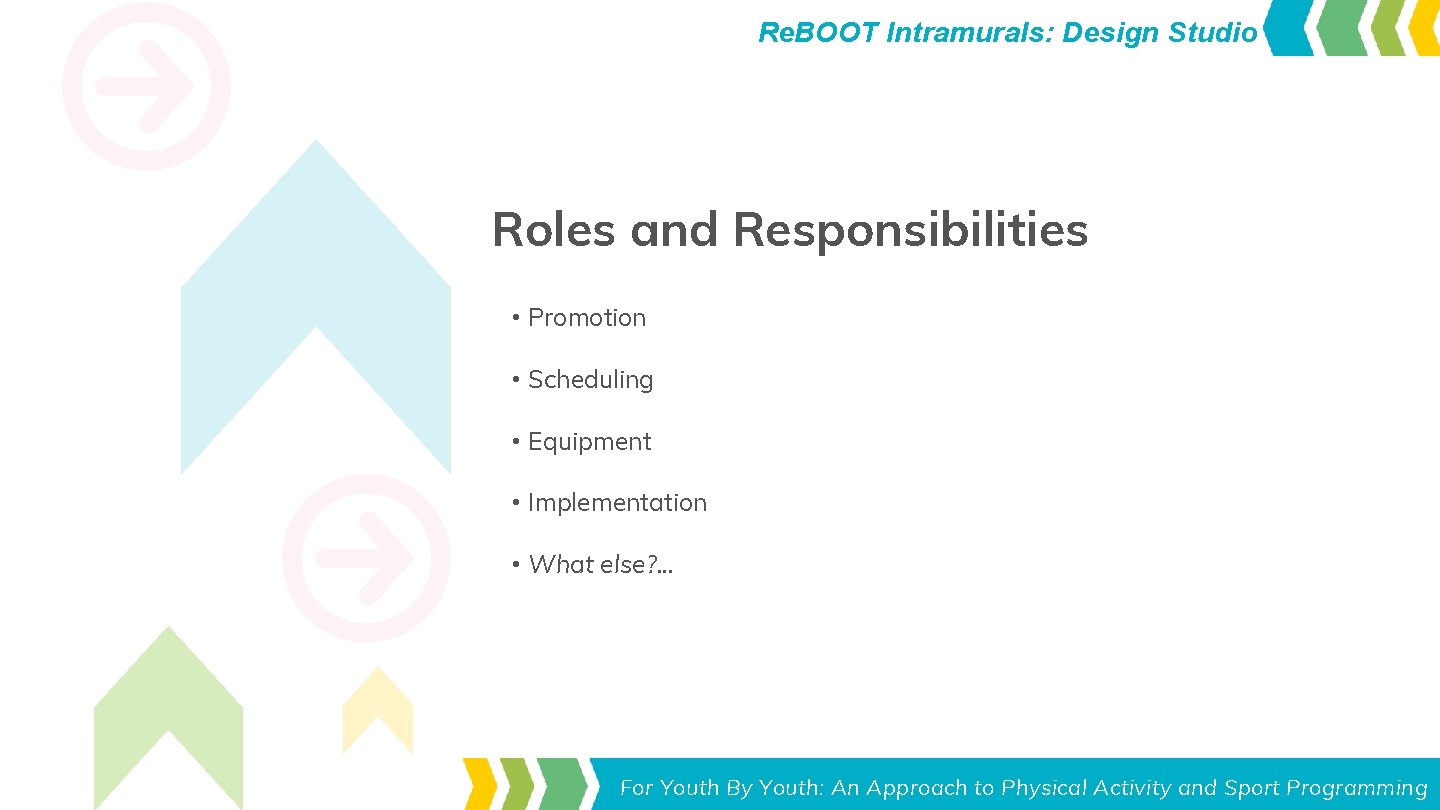 Re. BOOT Intramurals: Design Studio Roles and Responsibilities • Promotion • Scheduling • Equipment Re. BOOT Intramurals: Design Studio Roles and Responsibilities • Promotion • Scheduling • Equipment