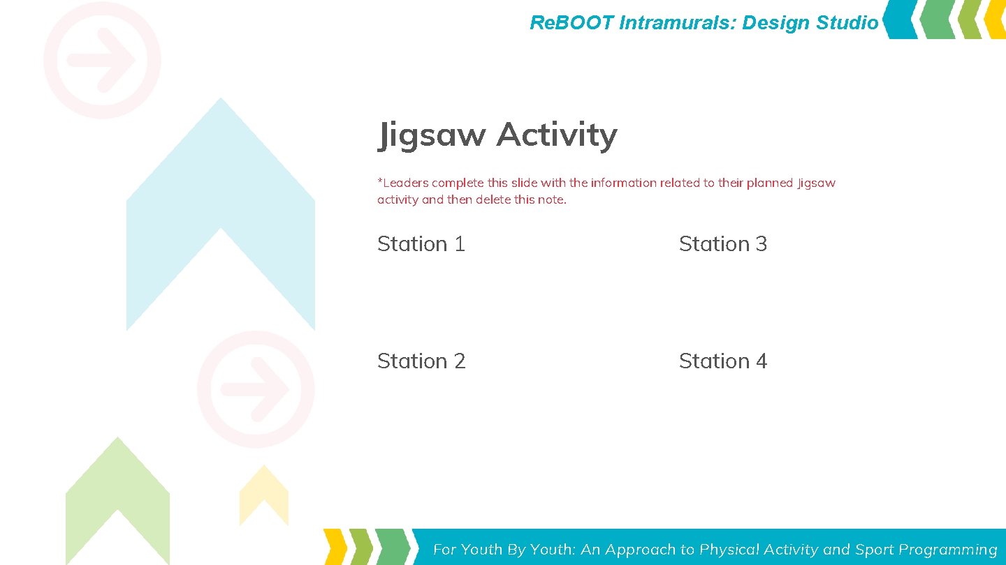 Re. BOOT Intramurals: Design Studio Jigsaw Activity *Leaders complete this slide with the information Re. BOOT Intramurals: Design Studio Jigsaw Activity *Leaders complete this slide with the information