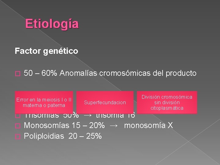 Etiología Factor genético � 50 – 60% Anomalías cromosómicas del producto Error en la