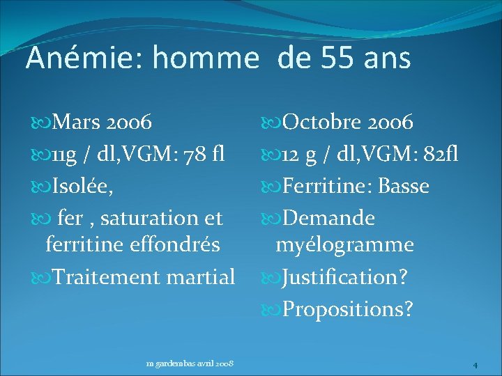 Anémie: homme de 55 ans Mars 2006 11 g / dl, VGM: 78 fl