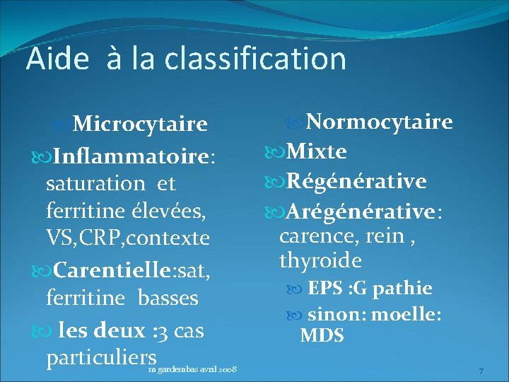 Aide à la classification Microcytaire Inflammatoire: saturation et ferritine élevées, VS, CRP, contexte Carentielle: