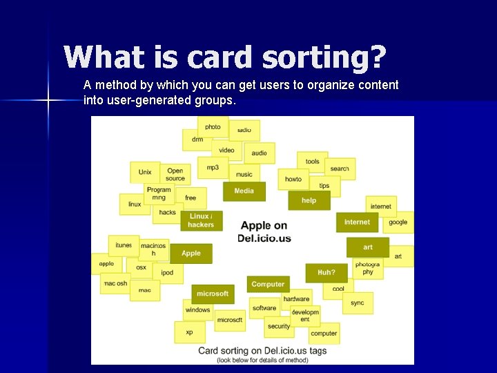 What is card sorting? A method by which you can get users to organize
