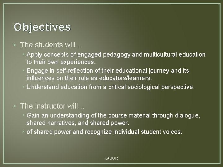 Objectives • The students will… • Apply concepts of engaged pedagogy and multicultural education