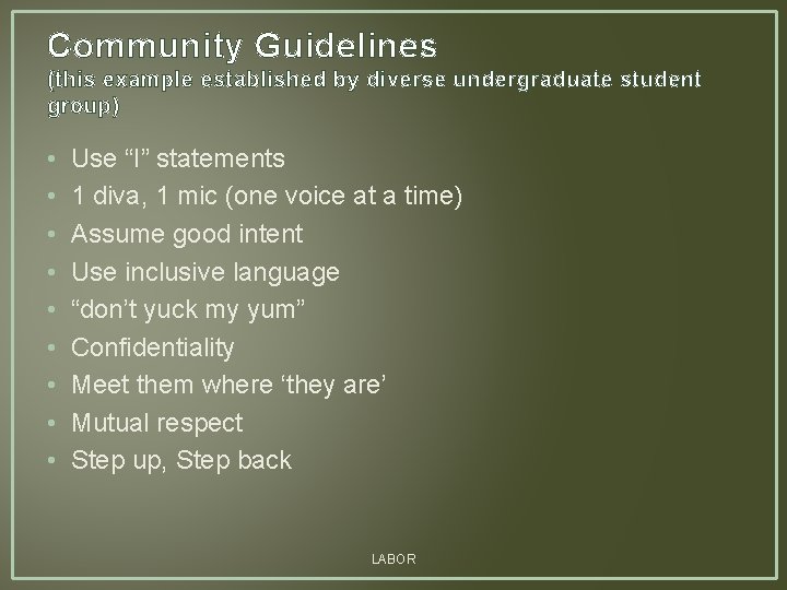 Community Guidelines (this example established by diverse undergraduate student group) • • • Use