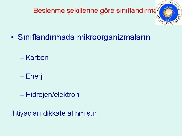 Beslenme şekillerine göre sınıflandırma • Sınıflandırmada mikroorganizmaların – Karbon – Enerji – Hidrojen/elektron İhtiyaçları