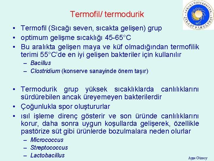 Termofil/ termodurik • Termofil (Sıcağı seven, sıcakta gelişen) grup • optimum gelişme sıcaklığı 45