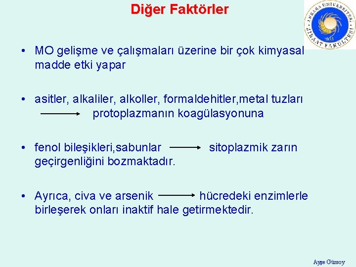 Diğer Faktörler • MO gelişme ve çalışmaları üzerine bir çok kimyasal madde etki yapar