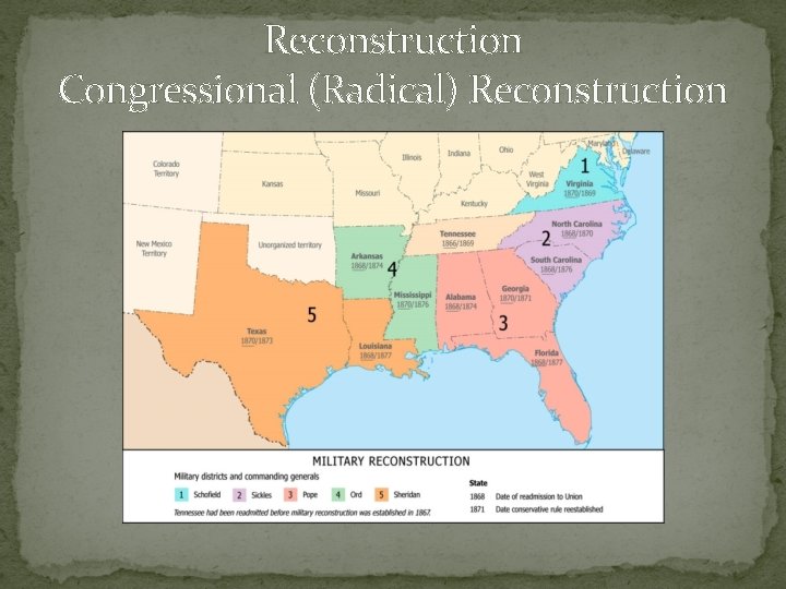 Reconstruction Congressional (Radical) Reconstruction 