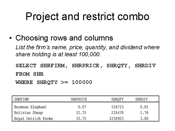 Project and restrict combo • Choosing rows and columns List the firm’s name, price,