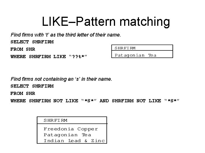 LIKE–Pattern matching Find firms with ‘t’ as the third letter of their name. SELECT