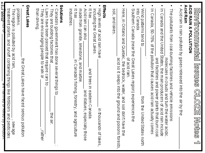 Environmental Issues CLOZE Notes 1 ACID RAIN & POLLUTION Acid Rain • Acid rain