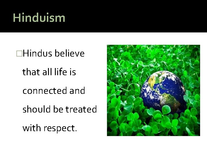 Hinduism �Hindus believe that all life is connected and should be treated with respect.