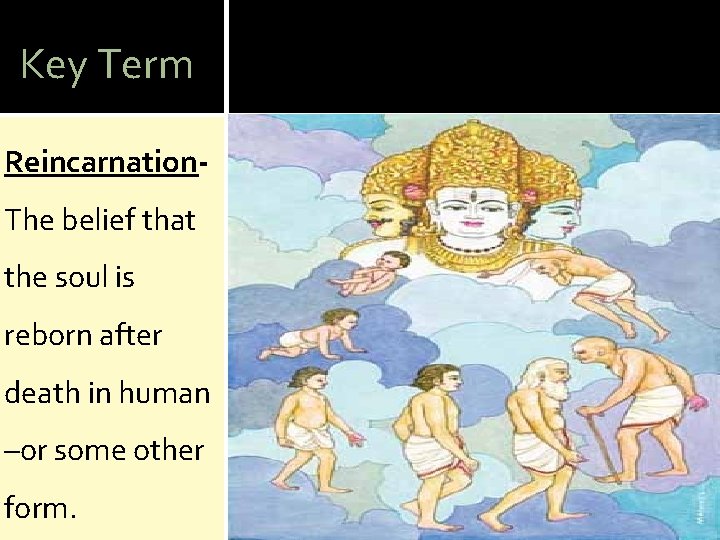 Key Term Reincarnation. The belief that the soul is reborn after death in human