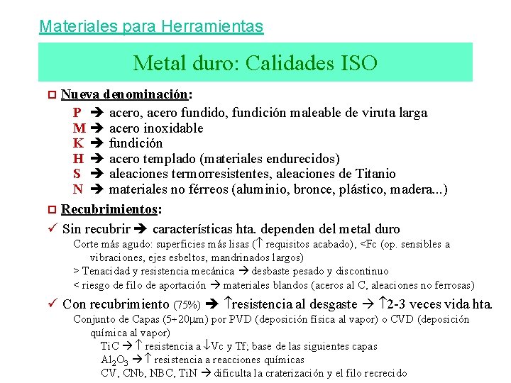 Materiales para Herramientas Metal duro: Calidades ISO Nueva denominación: P acero, acero fundido, fundición