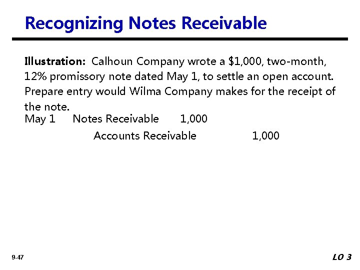 Recognizing Notes Receivable Illustration: Calhoun Company wrote a $1, 000, two-month, 12% promissory note