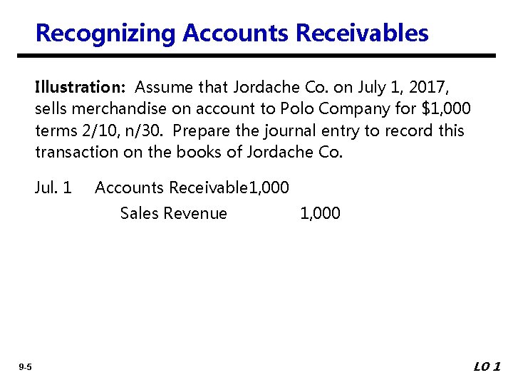 Recognizing Accounts Receivables Illustration: Assume that Jordache Co. on July 1, 2017, sells merchandise