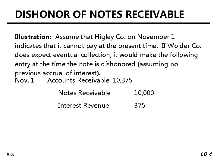 DISHONOR OF NOTES RECEIVABLE Illustration: Assume that Higley Co. on November 1 indicates that