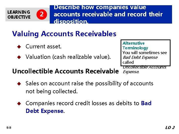 LEARNING OBJECTIVE 2 Describe how companies value accounts receivable and record their disposition. Valuing